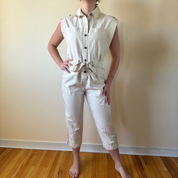 Banana Republic Cream Cotton Tie Waist Jumpsuit - Picture 1 of 12